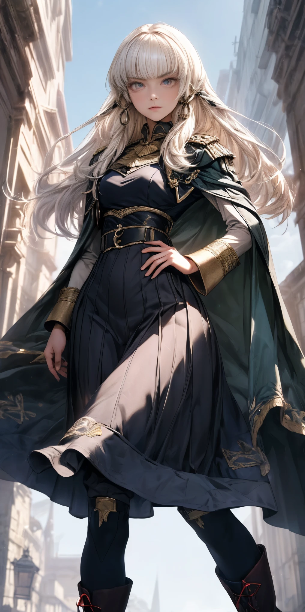 A woman with long platinum blonde hair, choppy bangs, arched crescent eyebrows, sharp and determined eyes, a delicate oval face, a excited expression, a fantasy-style dark blue military coat, draped with a dark pink waist-length cloak, leather combat boots, both hands on her hip, standing straight symmetrical looking to viewer in a spacious WHITE BACKGROUND, this character embodies a finely crafted fantasy-style female military officer in anime style, perfect body proportions, golden ratio, anatomically correct, symmetrical face, extremely detailed eyes and face, high quality eyes, creativity, RAW photo, UHD, 32k, Natural light, cinematic lighting, masterpiece-anatomy-perfect, masterpiece:1.5