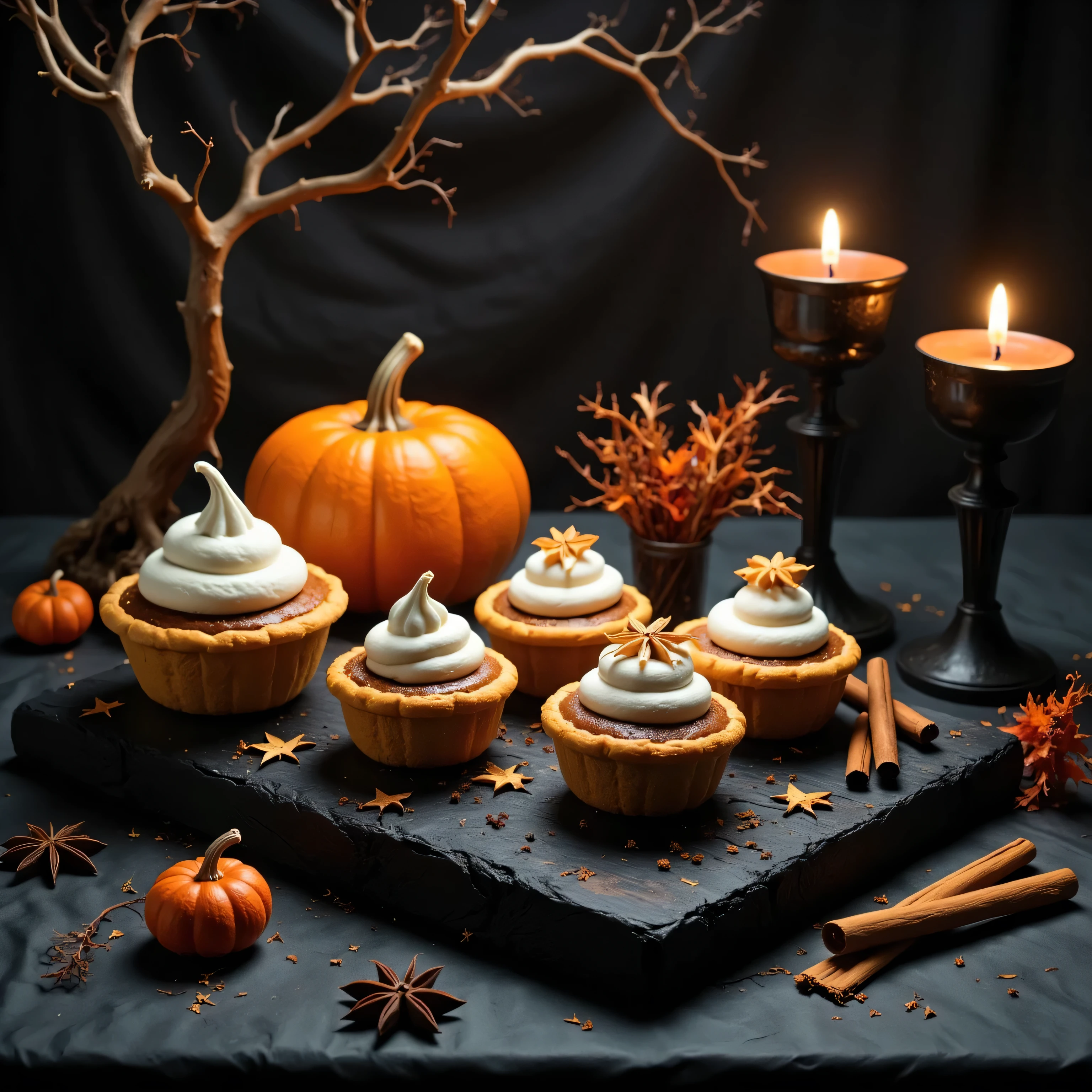 Mini pumpkin pies with whipped cream swirls, arranged on a dark, charred wood board, garnished with cinnamon sticks, star anise, and caramel drizzle. Nearby, small, glowing carved pumpkins cast a warm light, surrounded by twisted branches and dried leaves for an autumnal feel. Captured with a Canon EOS R5 and a 50mm f/1.2L lens for sharpness and smooth bokeh. The moody still-life style uses warm, low-angle lighting to emphasize textures and create a cozy, candle-lit ambiance, blending fine-art food photography with a dark, atmospheric touch for a gourmet Halloween scene.