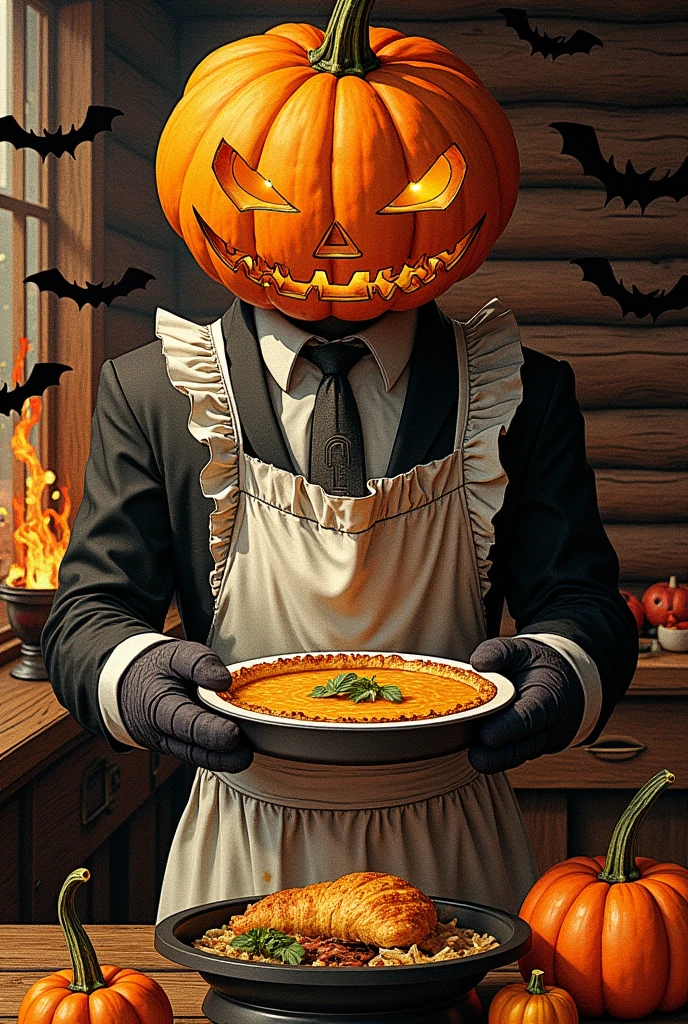  jack o' lantern :1.2, pumpkin head:1.2, Skinny, Black suit, White ruffled apron on top of suit ,  Wearing Mittens on Hands ,  Holding a Gratin Dish , oval baking dish :1.1,  pumpkin and herring pie ,  Pumpkins in it, Herring-shaped pie in the center of the pie , Inside the log house, Homely atmosphere,  bats flying around Jack , Burning Kamado 