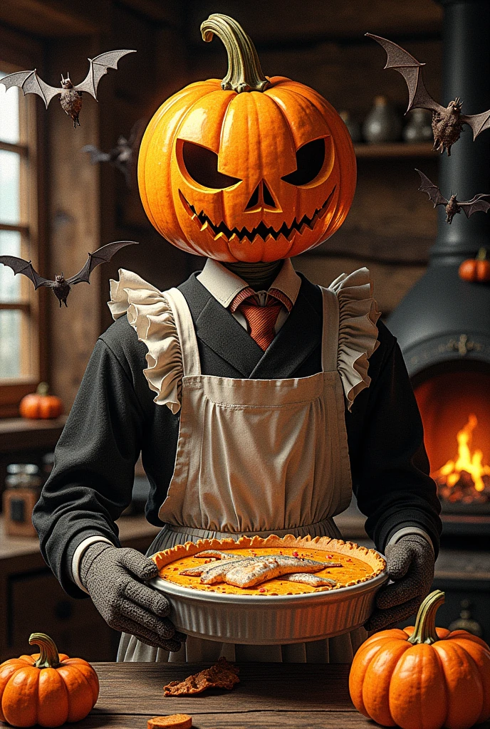  jack o' lantern :1.2, pumpkin head:1.2, Skinny, Black suit, White ruffled apron on top of suit ,  Wearing Mittens on Hands ,  Holding a Gratin Dish , oval baking dish :1.1,  pumpkin and herring pie ,  Pumpkins in it, Herring-shaped pie in the center of the pie , Inside the log house, Homely atmosphere,  bats flying around Jack , Burning Kamado 