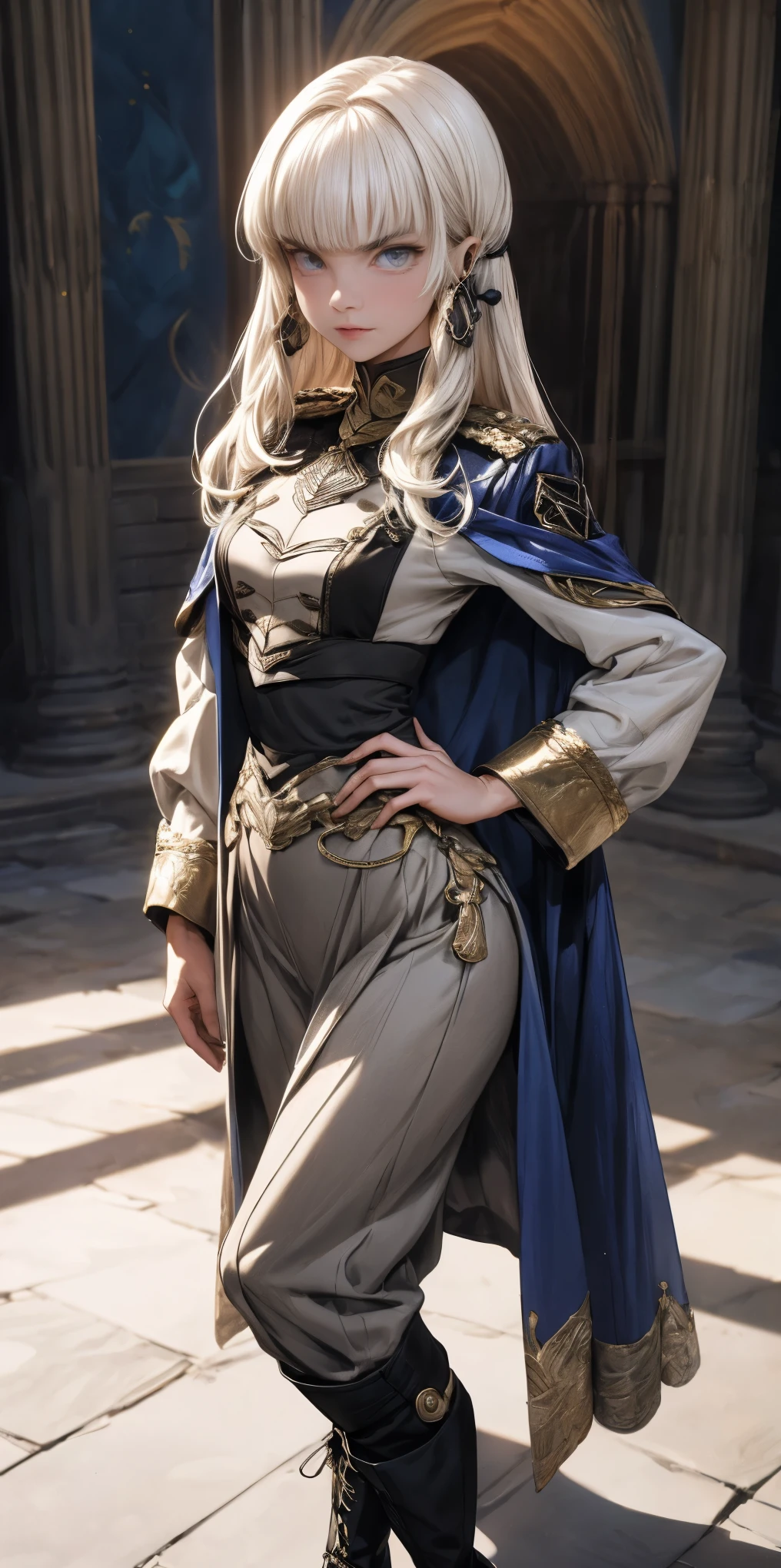 A woman with long platinum blonde hair, choppy bangs, arched crescent eyebrows, sharp and determined eyes, a delicate oval face, a excited expression, a fantasy-style dark blue military coat, draped with a dark pink waist-length cloak, leather combat boots, both hands on her hip, standing straight symmetrical looking to viewer in a spacious WHITE BACKGROUND, this character embodies a finely crafted fantasy-style female military officer in anime style, perfect body proportions, golden ratio, anatomically correct, symmetrical face, extremely detailed eyes and face, high quality eyes, creativity, RAW photo, UHD, 32k, Natural light, cinematic lighting, masterpiece-anatomy-perfect, masterpiece:1.5