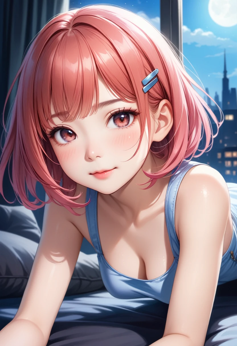 (Hyper-Realistic CG Illustration:1.4), (Ultra-Detailed, Top Quality 4K, High Resolution, Sharp Focus:1.4), A pretty 20-year-old tiptop cosplay girl in a navy blue tubetop, thong, nekomimi, wrist scrunchies is crawling on all fours in a trailer at night, blushing and looking at the viewer. She has a short brown bob and hair clip, smooth pale skin, dark eyes, a narrow nose, rosy cheeks, glossy lips with a shy smile, medium sized breasts that give her an angelic innocence as well as a hint of sex appeal. Her face, body and even the texture of her hair are rendered in extreme detail. Background window with night scene. Front view.