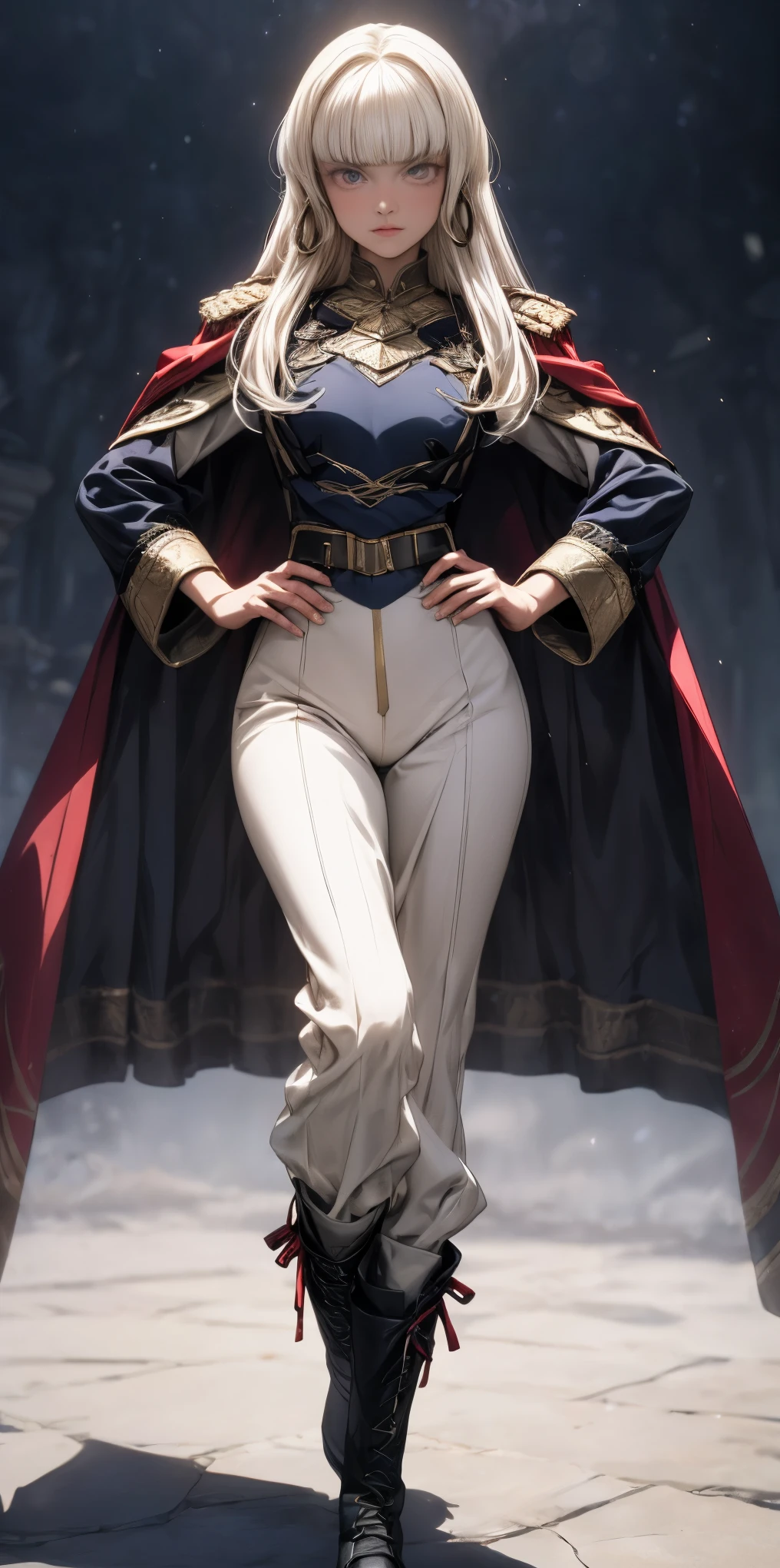 A woman with long platinum bob hair, white arched crescent eyebrows, sharp and determined eyes, a delicate oval face, a serious expression, a fantasy-style dark green military coat, draped with a dark red waist-length cloak, military trousers, military leather combat boots (silver greaves leggings) one hand on her hip and the other on her chest proudly, red cheeeks heavy makeup, standing in a spacious training ground, this character embodies a finely crafted fantasy-style female military officer in anime style, exquisite and mature manga art style, pale skin, high definition, best quality, highres, ultra-detailed, ultra-fine painting, extremely delicate, professional, perfect body proportions, golden ratio, anatomically correct, symmetrical face, extremely detailed eyes and face, high quality eyes, creativity, RAW photo, UHD, 32k, Natural light, cinematic lighting, masterpiece-anatomy-perfect, masterpiece:1.5