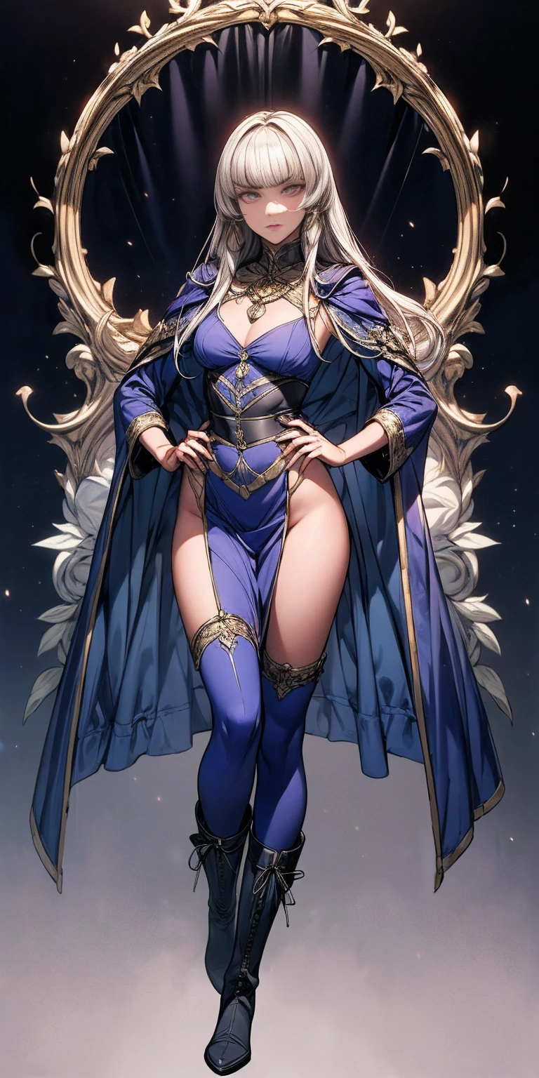 masterpiece, best quality, high quality, Erwin, elf, long hair, pale hair, yellow eyes, purple skin, deep blue cape with golden ornaments (1solofemale full body standing straight symmetrical, hands on hips)