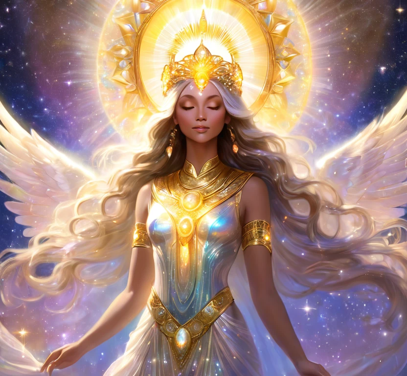 Divine feminine goddess, light of love, iridescent glow, shning halo of gold