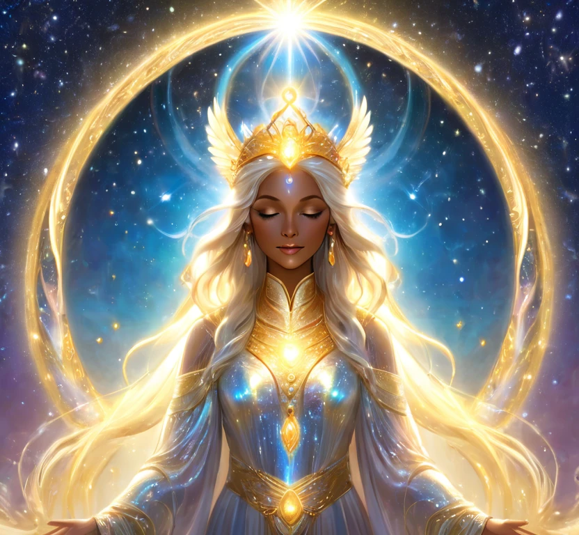 Divine feminine goddess, light of love, iridescent glow, shning halo of gold