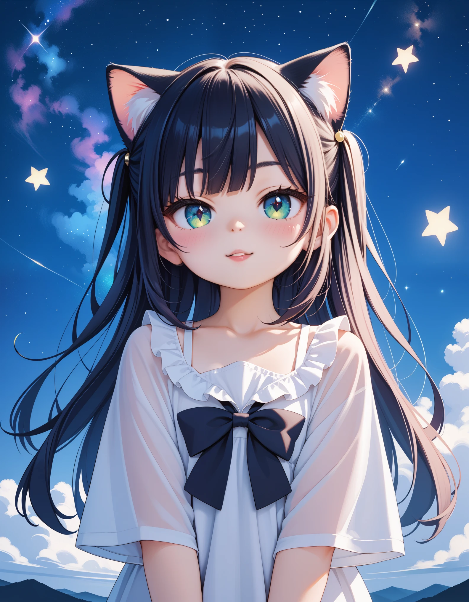 score_9, score_8_up, score_7_up, source_anime, best quality, masterpiece, uncensored, 1girl, anime coloring, loli, cat ears, starry night sky,