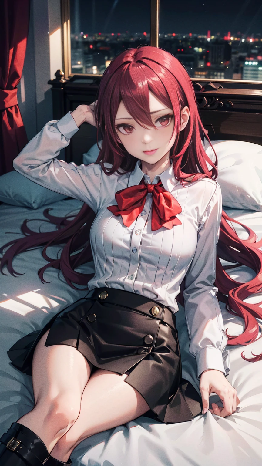  The best quality, ( masterpiece :1.3),  cinematic lighting , ultra-detail, (highres:1.1), mitsuru kirijou,  is looking at me lying in bed,  seen from above ,  looking at the viewer, long dark red hair, ( hair covering a right eye ),  detailed eyes , red eyes,  Big breasts, draw smile, choker:1.6, red bow on the chest , ((White buttoned shirt)), ( shiny black miniskirt ), (dark brown tights), (black boots), elegant room, mansion, night