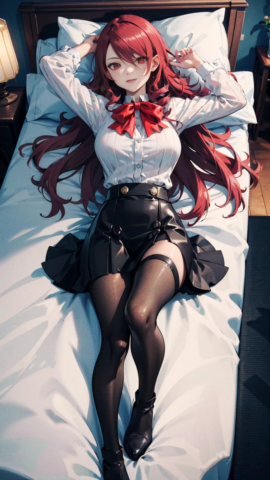  The best quality, ( masterpiece :1.3),  cinematic lighting , ultra-detail, (highres:1.1), mitsuru kirijou,  is looking at me lying in bed,  seen from above ,  looking at the viewer, long dark red hair, ( hair covering a right eye ),  detailed eyes , red eyes,  Big breasts, draw smile, choker:1.6, red bow on the chest , ((White buttoned shirt)), ( shiny black miniskirt ), (dark brown tights), (black boots), elegant room, mansion, night