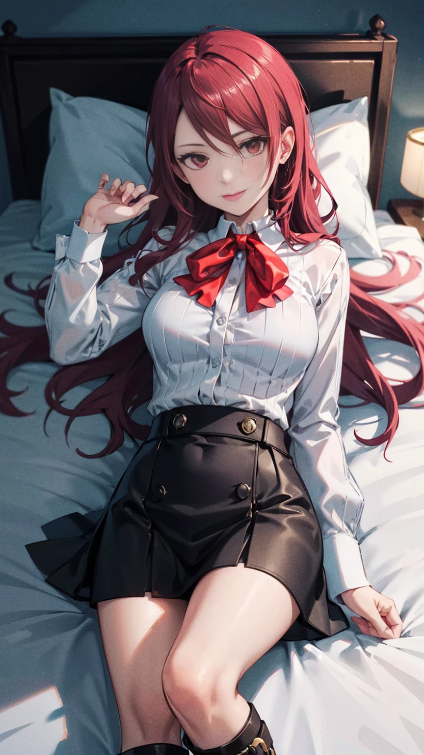  The best quality, ( masterpiece :1.3),  cinematic lighting , ultra-detail, (highres:1.1), mitsuru kirijou,  is looking at me lying in bed,  seen from above ,  looking at the viewer, long dark red hair, ( hair covering a right eye ),  detailed eyes , red eyes,  Big breasts, draw smile, choker:1.6, red bow on the chest , ((White buttoned shirt)), ( shiny black miniskirt ), (dark brown tights), (black boots), elegant room, mansion, night