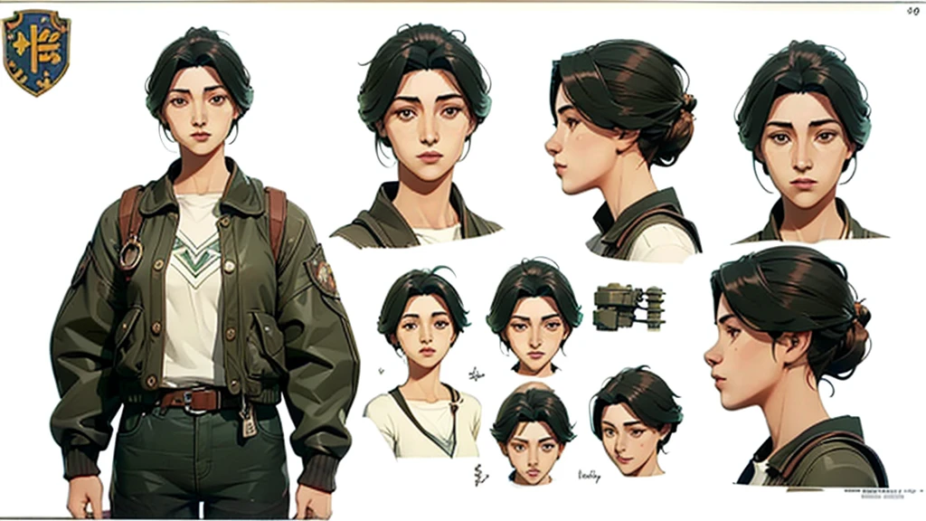 ((character design sheet, same character, front view)), (full body), Sci-fi, industrial cassette futurism, (masterpiece), (Best quality), (perfect face), illustration, 1girl, over coat, loose bomber jacket, worn and dirty mechanics suit, baggy pants, tool belts, mature age, detailed hair, pretty face, happy, plain background