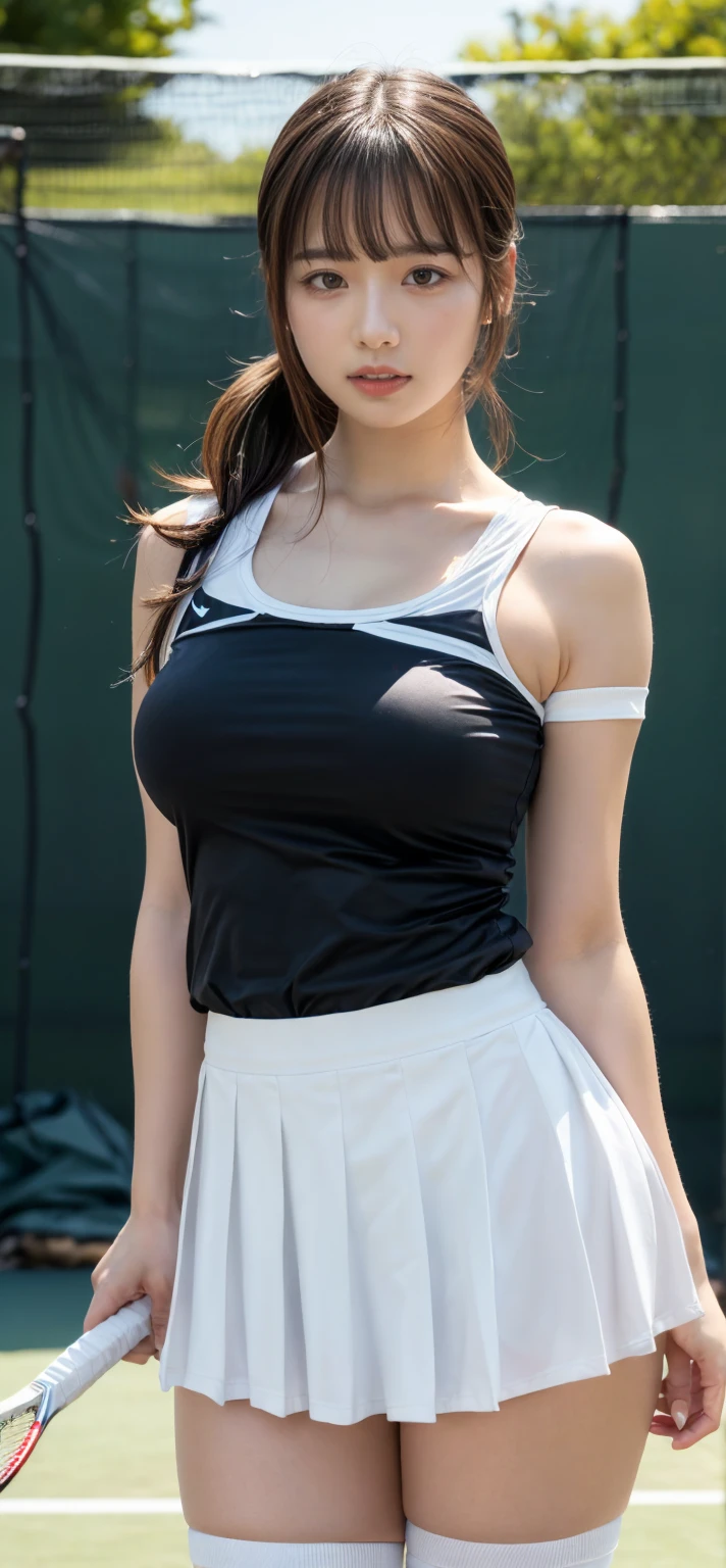 masterpiece, best quality, illustration, Super detailed, fine details, High resolution, 8K,wall paper, perfect dynamic composition, front view, standing, 18 year old girl, tennis player, Gravure Idol, cute type, (Details High quality, realistic depiction of eyes:1.3), (Colossal tits:1.2), expresses the roundness and softness of your chest., low ponytail, bangs, black hair color, Dark makeup, Big Natural Color Lip, thick thighs, perfect body shape, plump figure, large hips, beautiful clavicle, white tennis uniform, short sleeve, shirt, skirt, socks, tennis shoes, depth of fields, natural lighting