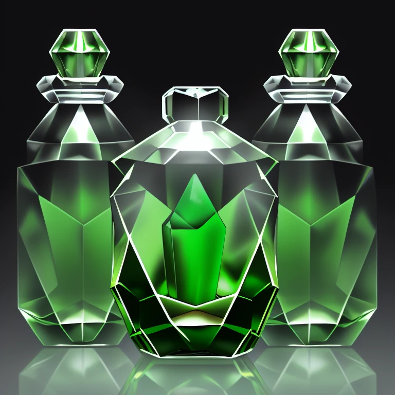 green potions inside crystal containers,Simple background