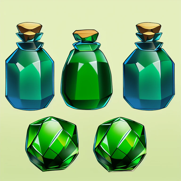 green potions inside crystal containers,Simple background