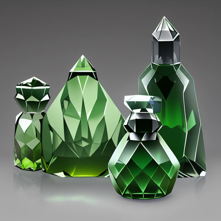 green potions inside crystal containers,Simple background