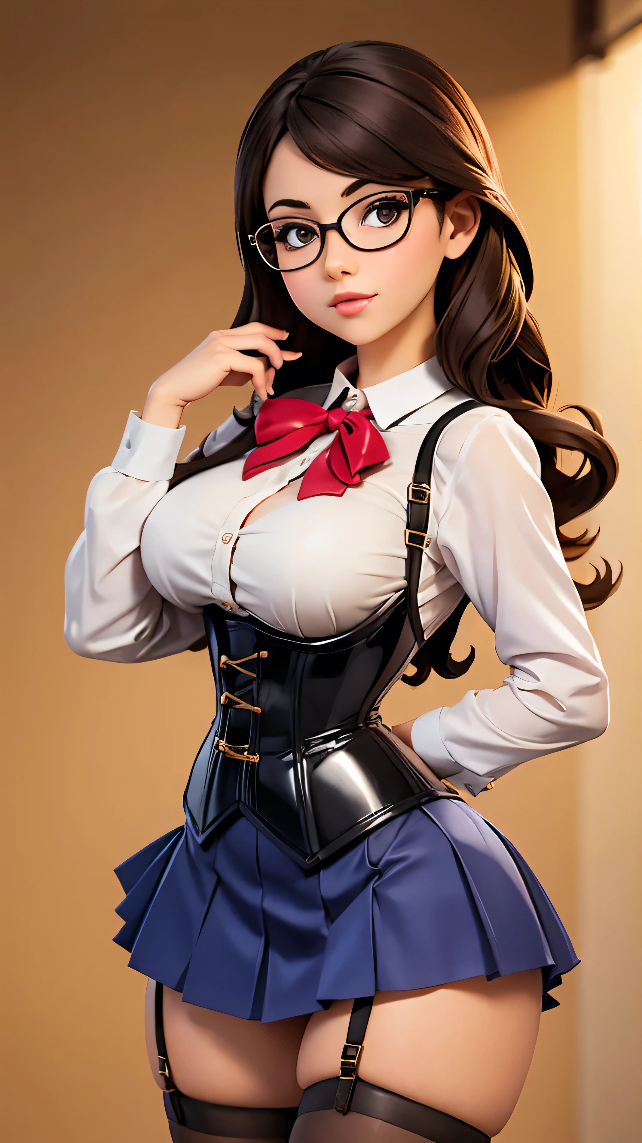 beautiful schoolgirl with large breasts, wearing a corset, stockings and glasses