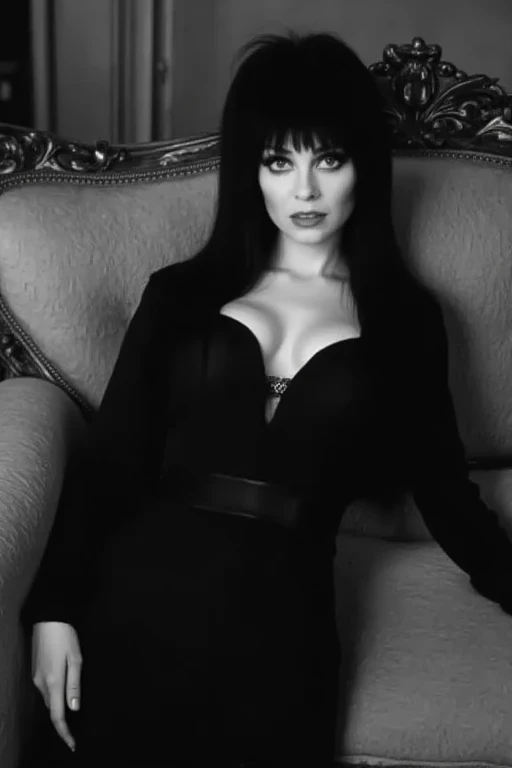 (masterpiece, best quality:1.2), 1girl, solo, vintageElvira, laying on a divan dressed in a light fabric black dress with a HUGE cleavage, high-detail, greyscale