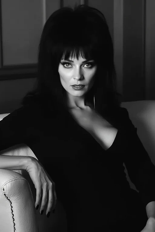 (masterpiece, best quality:1.2), 1girl, solo, vintageElvira, laying on a divan dressed in a light fabric black dress with a HUGE cleavage, high-detail, greyscale