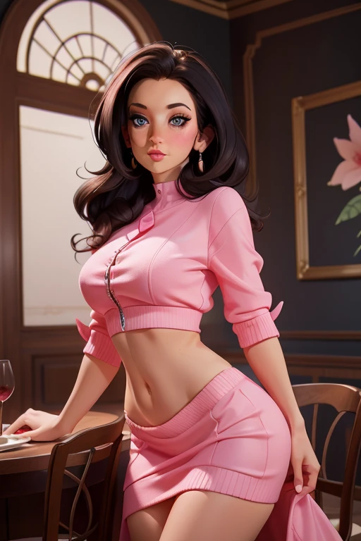 A pretty French belle, 25 years old, wearing tight clothes, posing in a posh restaurant on a date night, deep chest, exposed midriff, high fashion, stunning makeup, indoor mood lighting, pink theme, lovely shadows and lighting, realistic skin and hair, attractive eyes, Unreal Engine 5, --ar 2:3 --s 750 --niji 5