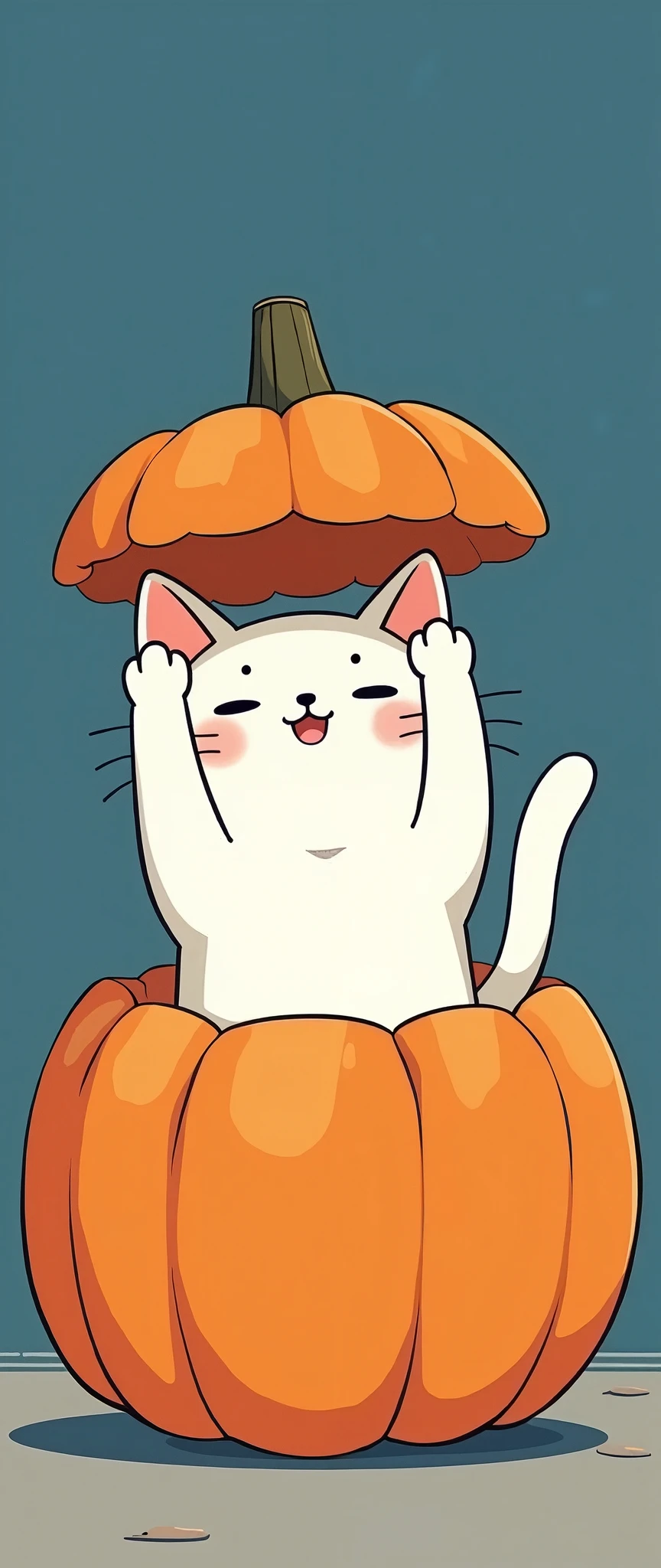 (masterpiece:1.2,Exceptional Quality,Mirror-like,Cinematic Experience, best illustration:2.0,Super detailed.2.0),8k,wallpaper,(anime:2.0),(pumpkin:2.0),(pumpkinの中から体を出してpumpkinの蓋を両腕で上に持ち上げる白猫:2.0),(白猫はpumpkinの蓋を両手で上に持ち上げる:2.0),( vector illustration :2.0),( dynamic :2.0),(anime:2.0),(Cute design:2.0),( minimalist :2.0),(Line art:2.0),(Background is blue)
