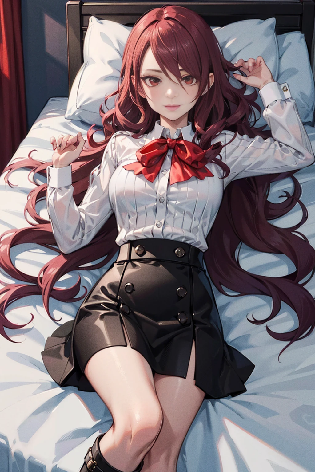  The best quality, ( masterpiece :1.3),  cinematic lighting , ultra-detail, (highres:1.1), mitsuru kirijou,  is looking at me lying in bed,  seen from above ,  looking at the viewer, long dark red hair, ( hair covering a right eye ),  detailed eyes , red eyes,  Big breasts, draw smile, choker:1.6, red bow on the chest , ((White buttoned shirt)), ( shiny black miniskirt ), (dark brown tights), (black boots), elegant room, mansion, night