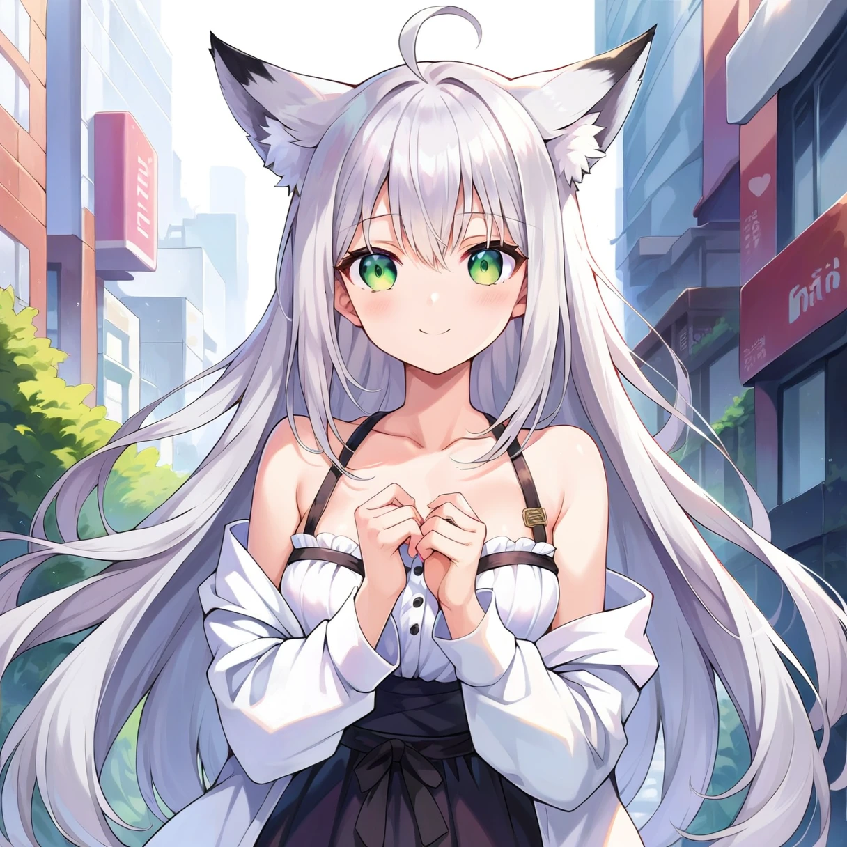 score_9, score_8_superior, score_7_superior, score_6_superior, score_5_superior, score_4_superior, Break Source_anime,throw,city,Outdoor,smile,Are standing, Jahy-Sama , Gray Hair, Long Hair, Ahoge, Animal ears, Green Eyes, chest, Fox&#39;s Tail,White T-shirt,Short sleeve,jeans,denim　Nipples