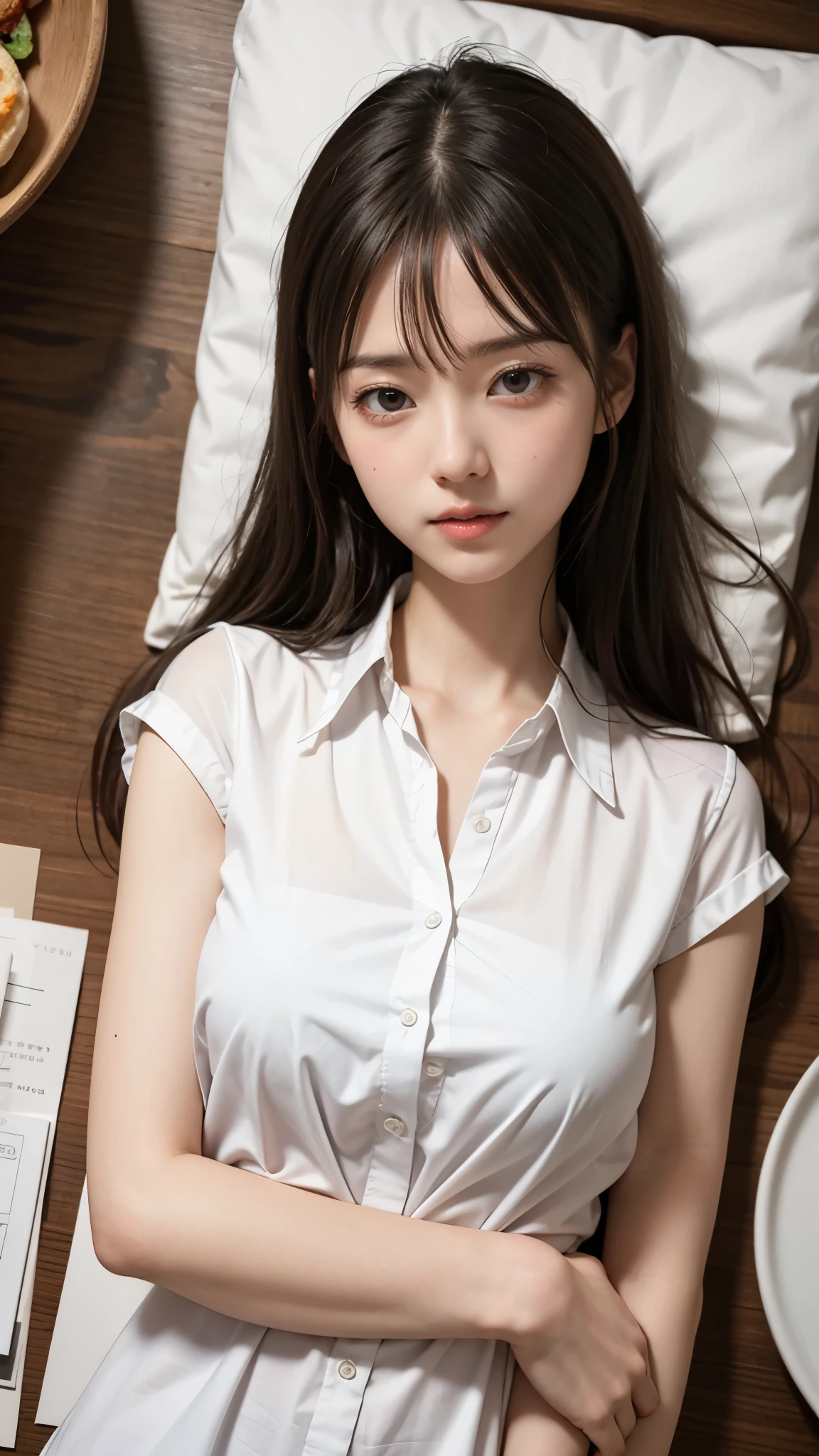 (spreading her legs for the camera:1.5)、(doggy style sex:1.8)、(the skirt is turned up)、(I can see my pants:1.8)、((No makeup:1.2))、(open shirt:1.8)、(disheveled clothing)、(realistic、Photoreal、super detailed、best detailed skins、highest quality、masterpiece、Super high resolution)、cute japanese woman、、high school girl masturbation、young girl masturbation、1 girl、have bangs、double eyelid、purity、double teeth、realistic肌タイプ、fluffy hair、red cheeks、(school uniform shirt)、white shirt with long sleeves and collar、(Dark blue skirt)、(Girly room)、bright atmosphere、8K RAW photo、High resolution、(very big round breasts:1.2)、beautiful eyes、detailed eyes、drawn in detail、long eyelashes、美しいdouble eyelid、beautiful and very thin legs、(Beautiful and very thin thighs),simple necklace、short skirt、Quite embarrassed look、red cheeks,duck mouth、evil smile、evil look、beautiful and very thin legs、Beautiful and very thin thighs,(Angle from directly above)、Detached tie, masturbation squirting climax, nude, charming face sex, wet vagina, wet body, wet breast