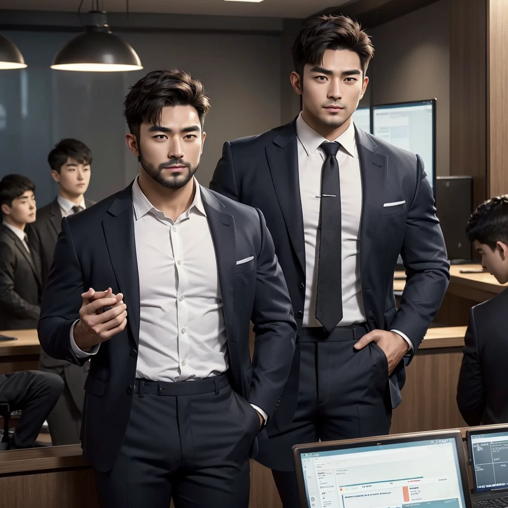 best quality, ultra high resolution, realistic:1.5, three thick muscular korean horny office man:1.2, handsome and strong face with little bit beard:1.2, (thick eyes without double eyelids:1.2, both eyes are same size:1.2), high nose,(middle haircut with middle bangs:1.2),(suit:1.2), big bulge with huge bulge:1.4,(standing in the coffice with put hands into pants pocket each person:1.2,background is math computers:1.2)