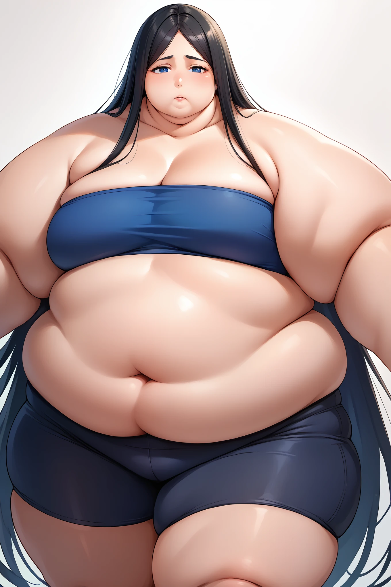 score_9, score_8_up, score_7_up, score_6_up, source_anime BREAK 1girl, solo,  defrka, unohana_tybw, blue eyes, very long hair, straight hair, black hair, Shinjuku, blue tube top, black bike shorts, looking at you, fat, chubby, obese, gigantic arms and legs 