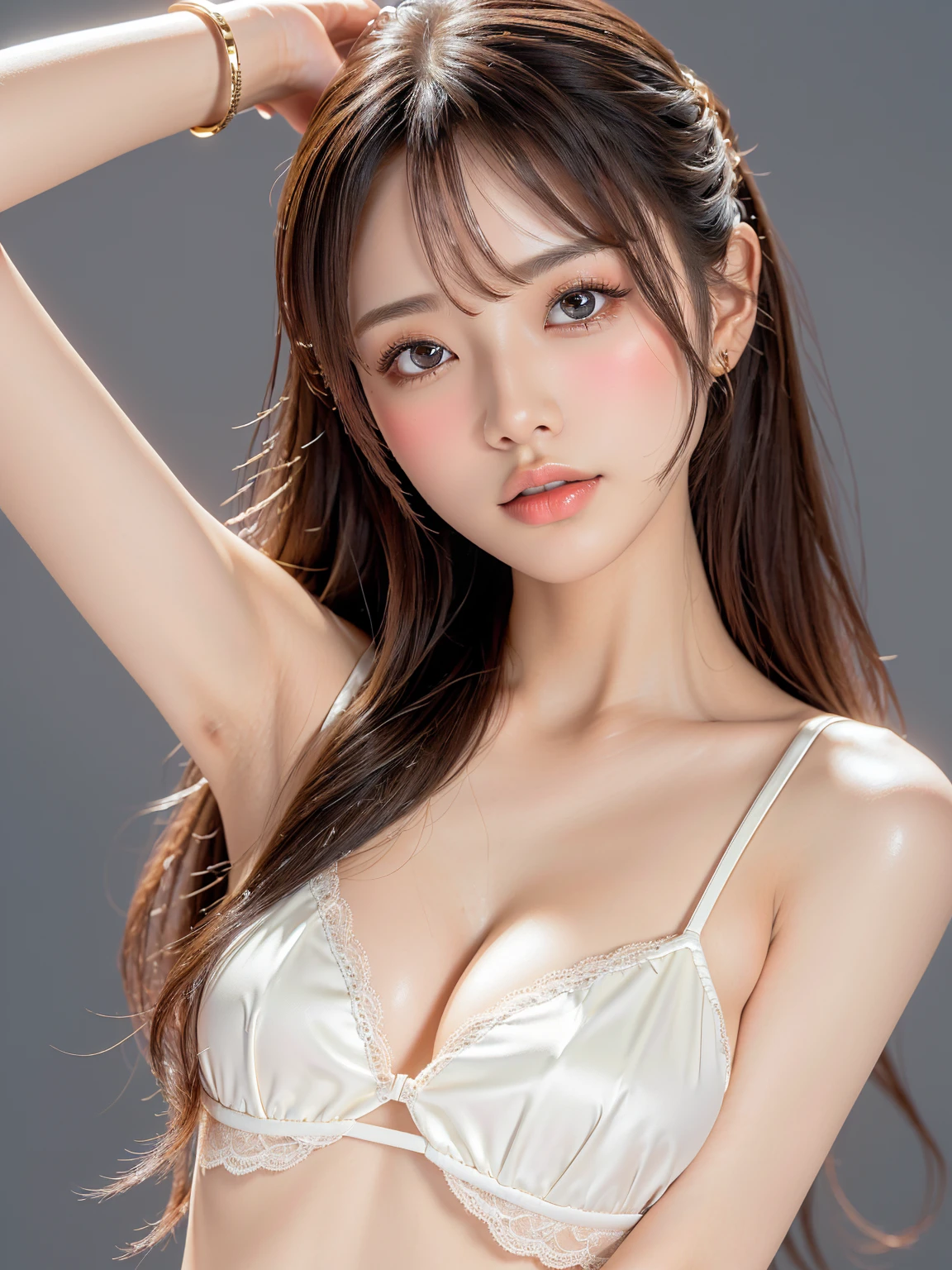 Beautiful breasts,(Neat,     elegant:1.4),,(adult,1.4),(Clear Eyes:1.4),(     very cute:1.2),(Small breasts:1.2),     Natural makeup   , A kind smile,    wide shot  ,(Highly detailed debtace and skin texture:1.4),(Alone:1.3),     best quality    ,masterpiece,   Ultra-fine ,(Realistic:1.3),(8K Ultra HD,RAW photo:1.2),35mm Lens, debt/1,(Detailed eyes:1.2), double eyelid,(   white background  : 1.3) ,(Standing pose,debtull body:1.4、 White Lingerie 、   medium distance photo shoot   、((( 1.85)))、(((young、、  girl)))、 ((( Medium distance photo shoot with hair tied up .5 ))) 、(((Clear 1  .5、 ピュア1.5、 ピュア1.5、ピュア1.5)))、Glossy skin texture、 shiny hair 。