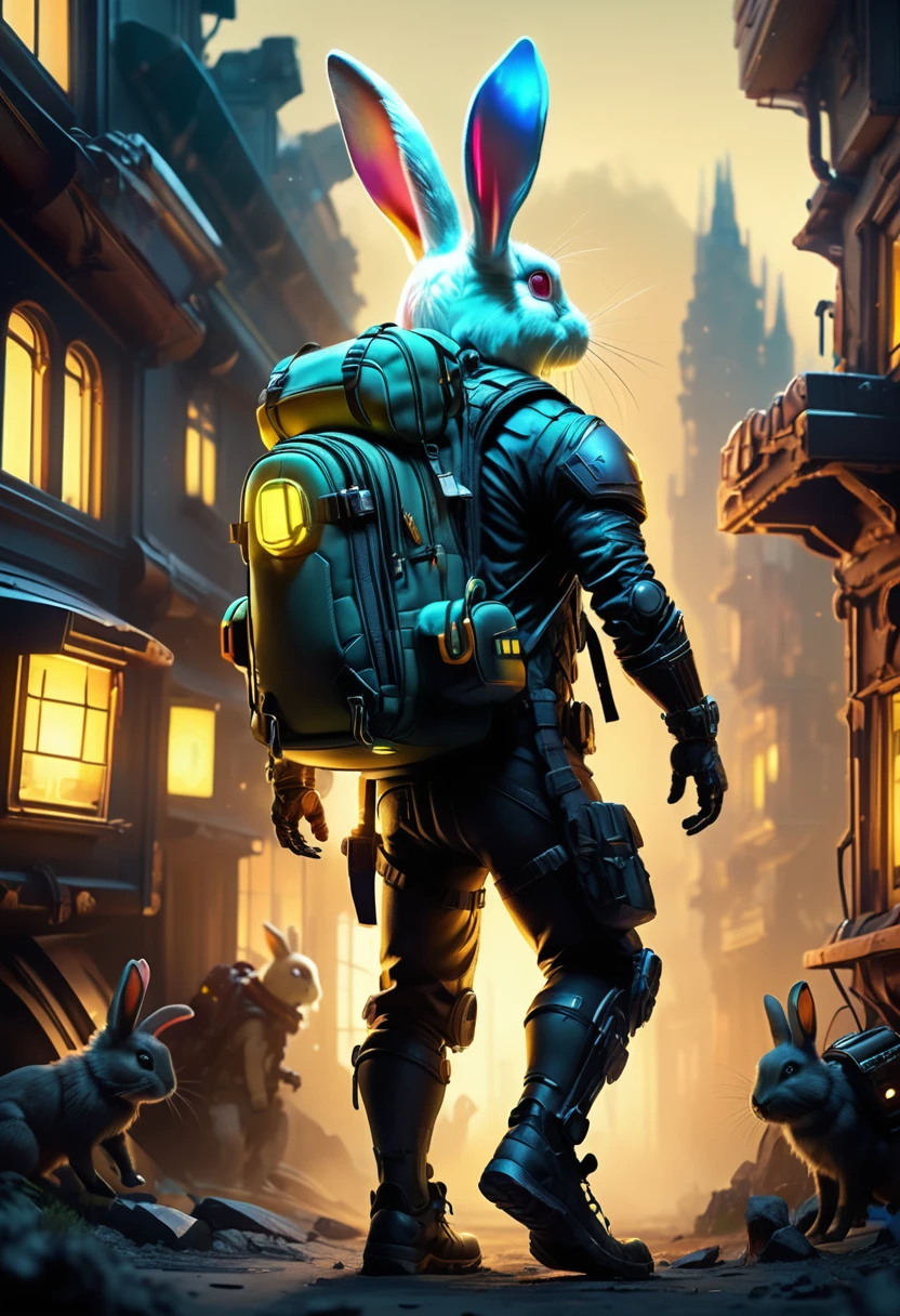 ((Best quality)), ((Masterpiece)), ((Realistic,Digital art)), (ultra - detailed),DonMBl00mingF41ryXL UraniumTechAI An adventurous bunny idventurous costume, Carrying an explorer's backpack, , Octane rendering, Ray traching, voluminetric lighting, The light from the back window is backlighted,rim lit, 8K,