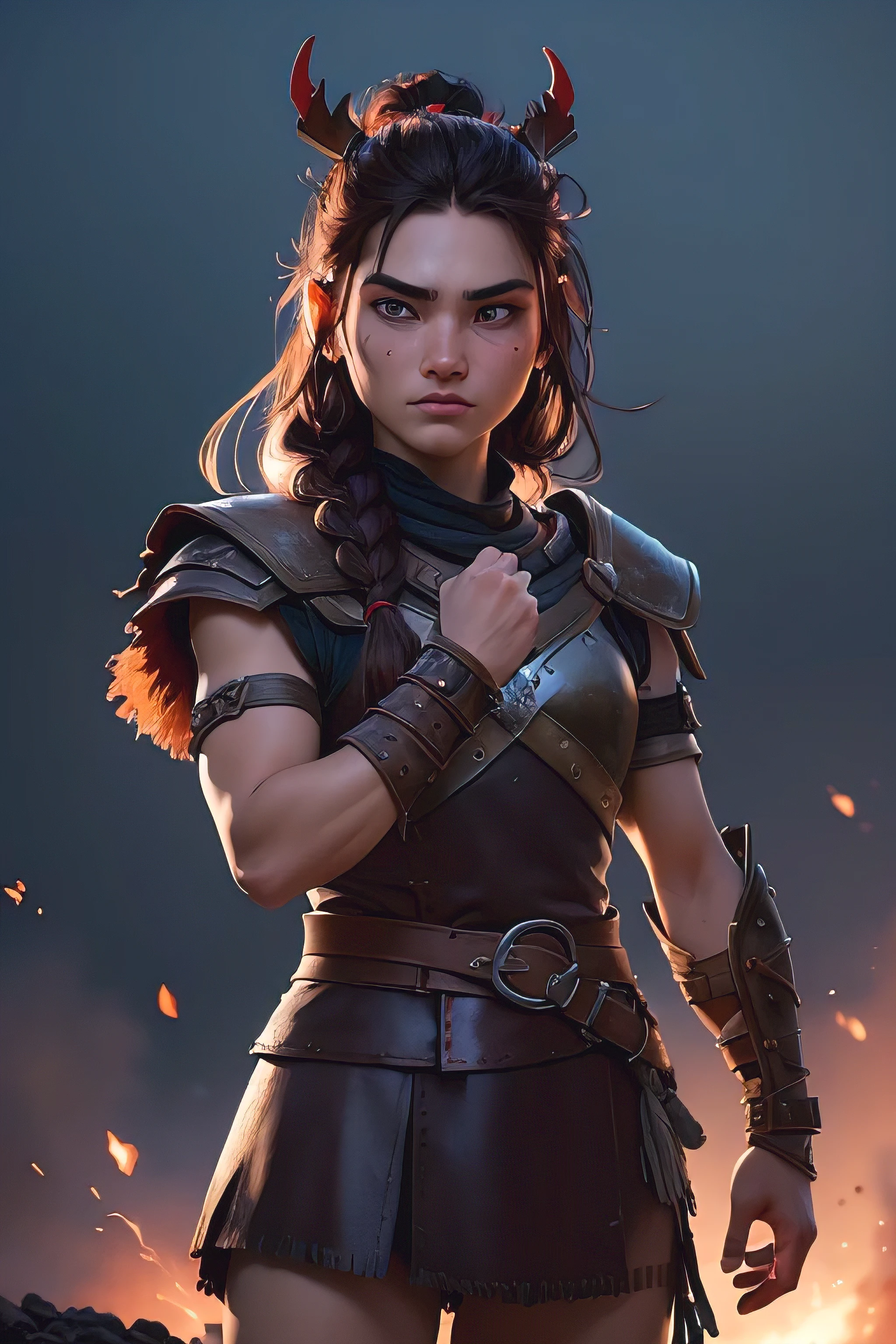 ( masterpiece , ultra high resolution:1.4), ( Photo of a Viking warrior with braided black hair.:1.3), (Tall stature and captivating brown eyes that emit a certain glow and light.:1.4), (Sony Alpha 1 camera, Renowned for capturing the highest level of detail in a photo:1.3), (paired with the Sony FE 85mm f/1.4 GM lens for stunning portraits:1.3), (The face of the Viking with perfect symmetry and impeccable features:1.2), (His face adorned with red war paint:1.3), (his intense brown eyes shining with determination:1.2), (His leather warrior attire, covered in red war paint and battle stains:1.3), (Sony Alpha 1 camera capturing the textures of the leather and paint with precision:1.2), (The strong arms and the slender body of the Viking.:1.3), (standing with a dominant presence in the middle of the battlefield:1.1), (A light mist in the air, with volcanic ash falling gently from the sky:1.1), (The artistically blurred background, emphasizing the Viking warrior as the focal point:1.1), (His expression shows pure concentration and unwavering determination.:1.3), (The camera captures the emotion and intensity in your eyes:1.3), (The photo captures a moment of raw strength and warrior spirit:1.1), (the ultra high resolution ensuring every detail, from the intricacies of her braided hair to the tiniest streak of war paint, is preserved:1.1), (A moment frozen in time, Showing the bravery and ferocity of a Viking warrior:1.1), cinematographic, Hyperdetailed, Crazy details, beautifully colored, Unreal Engine, dof, Super resolution, Megapixel, cinematographic lightning, Antialiasing, FKA, Thai, RTX, SSAO, Postprocessing , post-production, tone mapping, cgi, visual effects, sound effects, Incredibly detailed and intricate, hyper maximalist, Hyper realistic, volumetric, photorealistic, ultra photorealistic, Ultra detailed, intricate details , 8K, Super detailed, in full color,