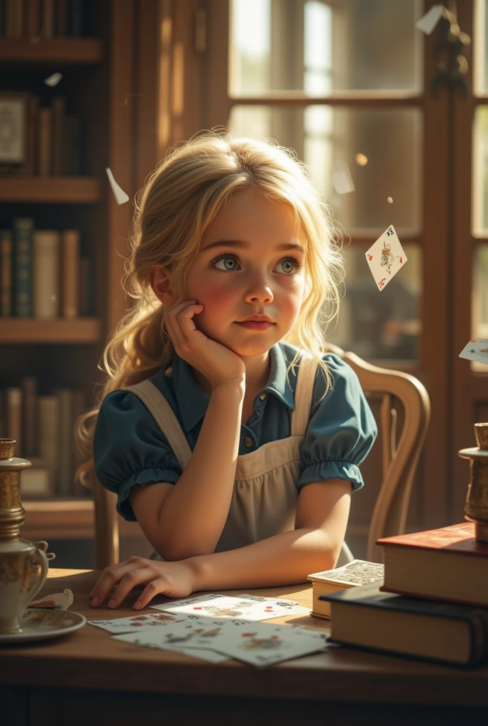 "A young girl with blonde hair, dressed in a classic blue and white apron, sits in a cozy library, lost in thought. Around her, playing cards and small objects float mysteriously, as if suspended by magic. The warm light from the room highlights her delicate features, creating a soft and nostalgic atmosphere. Her expression is pensive, as though she's contemplating an adventure in a whimsical and curious world. The setting is filled with books and subtle fantastical elements, evoking a sense of wonder and quiet magic."