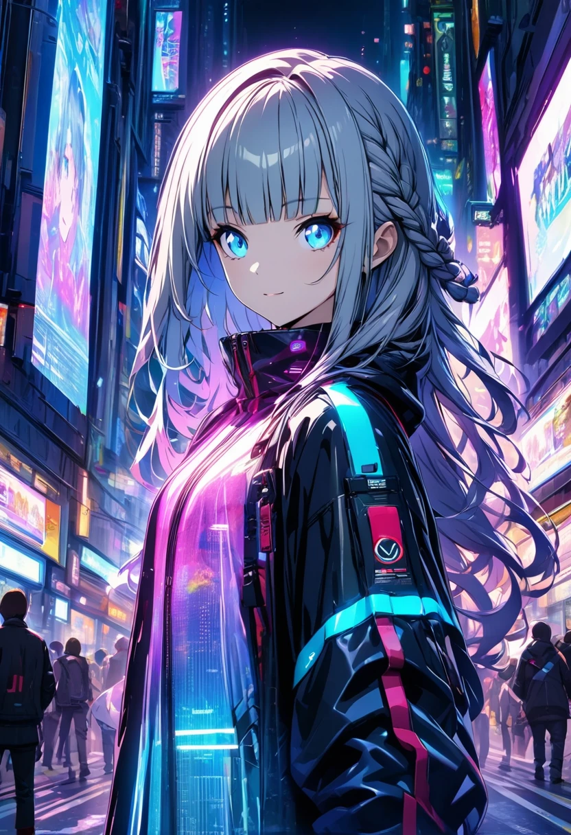 Visual impact,Cyberpunk theme,1girl,flowing hair,(hime cut:1.1),braid,side lock, (glowing eye:0.3),blue eyes,(big eyes:0.8),eyelashes,light smile BREAK,(holographic screen:), crowded bazzar street,japan street,street, looking to the side BREAK, techwear,cg, xill, glow, magical, analogous,bloom light, BREAK, (4K UHD,masterpiece,cg,anatomy correction,best quality)