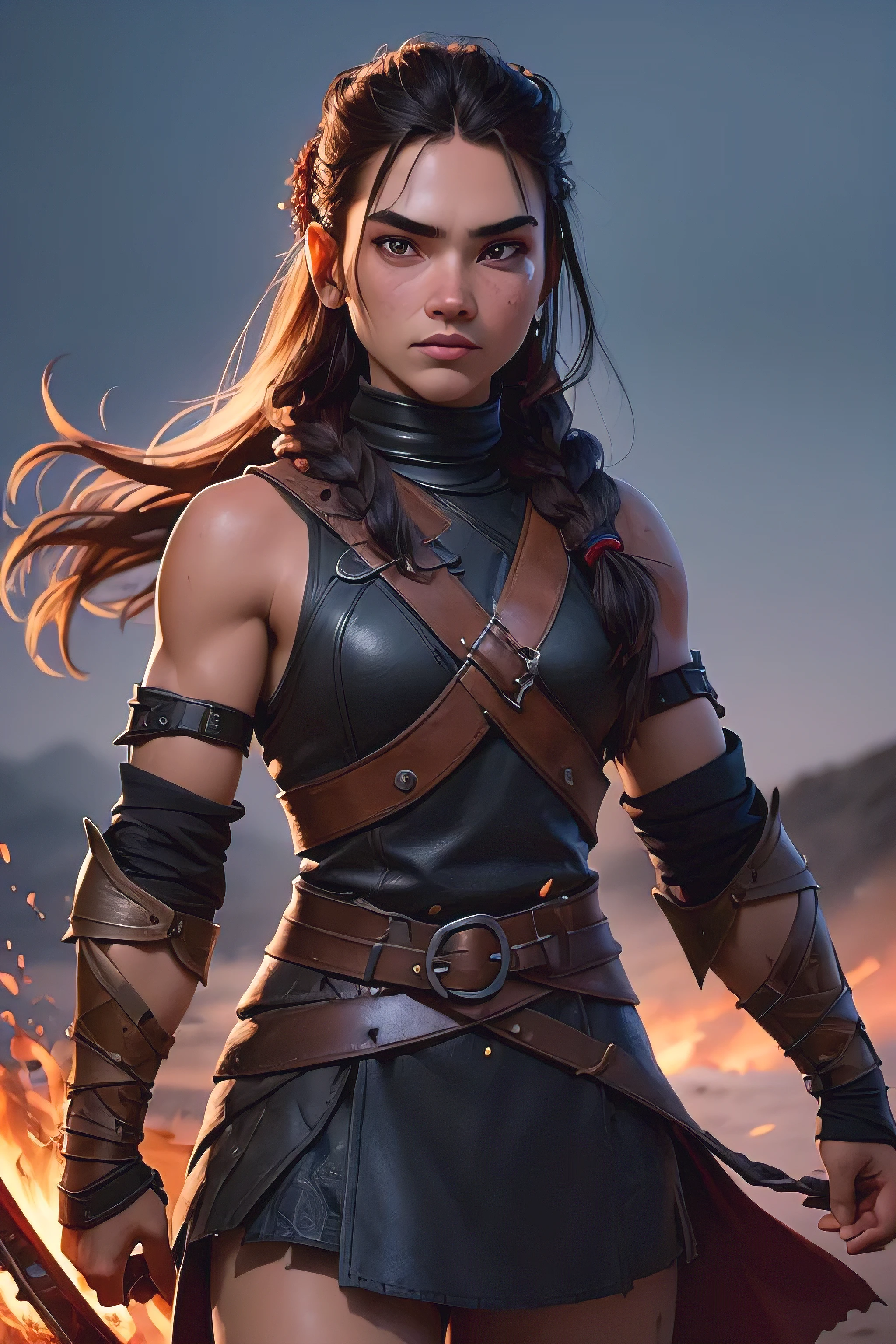 ( masterpiece , ultra high resolution:1.4), ( Photo of a Viking warrior with braided black hair.:1.3), (Tall stature and captivating brown eyes that emit a certain glow and light.:1.4), (Sony Alpha 1 camera, Renowned for capturing the highest level of detail in a photo:1.3), (paired with the Sony FE 85mm f/1.4 GM lens for stunning portraits:1.3), (The face of the Viking with perfect symmetry and impeccable features:1.2), (His face adorned with red war paint:1.3), (his intense brown eyes shining with determination:1.2), (His leather warrior attire, covered in red war paint and battle stains:1.3), (Sony Alpha 1 camera capturing the textures of the leather and paint with precision:1.2), (The strong arms and the slender body of the Viking.:1.3), (standing with a dominant presence in the middle of the battlefield:1.1), (A light mist in the air, with volcanic ash falling gently from the sky:1.1), (The artistically blurred background, emphasizing the Viking warrior as the focal point:1.1), (His expression shows pure concentration and unwavering determination.:1.3), (The camera captures the emotion and intensity in your eyes:1.3), (The photo captures a moment of raw strength and warrior spirit:1.1), (the ultra high resolution ensuring every detail, from the intricacies of her braided hair to the tiniest streak of war paint, is preserved:1.1), (A moment frozen in time, Showing the bravery and ferocity of a Viking warrior:1.1), cinematographic, Hyperdetailed, Crazy details, beautifully colored, Unreal Engine, dof, Super resolution, Megapixel, cinematographic lightning, Antialiasing, FKA, Thai, RTX, SSAO, Postprocessing , post-production, tone mapping, cgi, visual effects, sound effects, Incredibly detailed and intricate, hyper maximalist, Hyper realistic, volumetric, photorealistic, ultra photorealistic, Ultra detailed, intricate details , 8K, Super detailed, in full color,