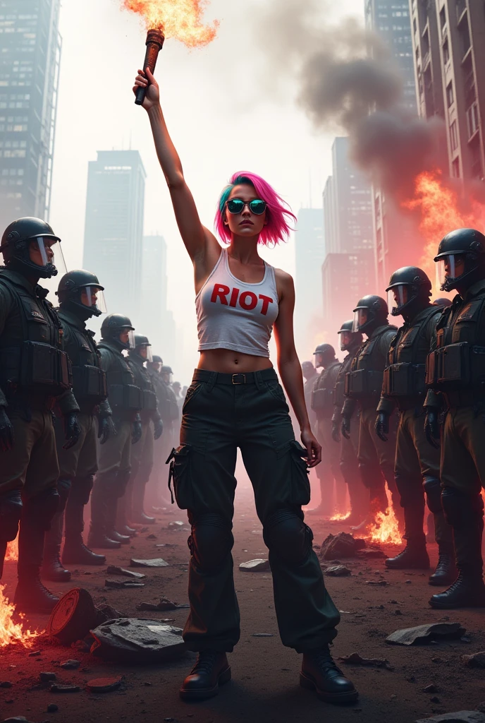 White and red contrast lighting, dynamic Low angle, Sideview, 1girl, pink and Azure bobcut hair with sidecut, reflecting rayban-sunglasses, wearing a white tank top with bold Red Text on it Reading "RIOT", Military trousers,holding a burning torch in One hand, arm with torch is raised (Standing one Foot back and one Foot in Front for  Safe stand) on top of an old broken 80s Car.   In Front of hundreds of policemen in riotgear, smoke and  flames, civil Riots, ((cyberpunk industrial complex background))