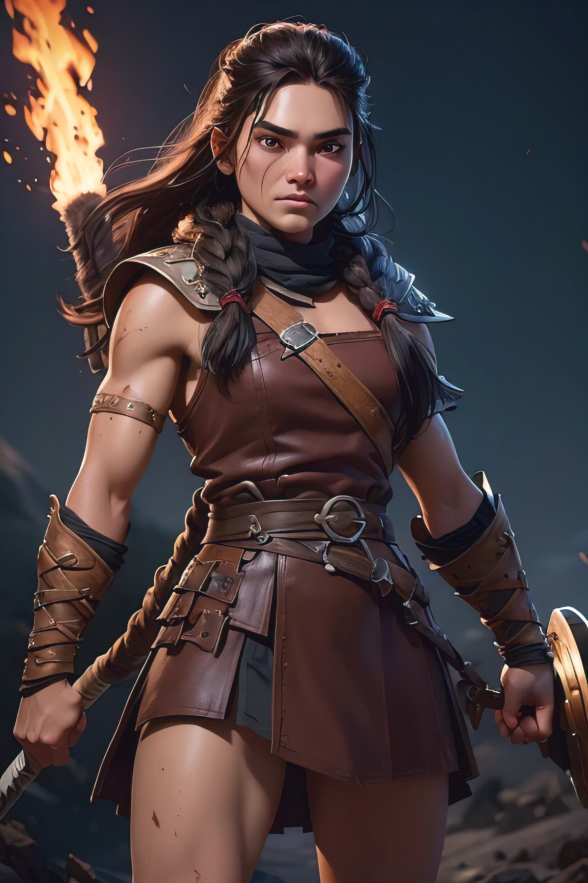 ( masterpiece , ultra high resolution:1.4), ( Photo of a Viking warrior with braided black hair.:1.3), (Tall stature and captivating brown eyes that emit a certain glow and light.:1.4), (Sony Alpha 1 camera, Renowned for capturing the highest level of detail in a photo:1.3), (paired with the Sony FE 85mm f/1.4 GM lens for stunning portraits:1.3), (The face of the Viking with perfect symmetry and impeccable features:1.2), (His face adorned with red war paint:1.3), (his intense brown eyes shining with determination:1.2), (His leather warrior attire, covered in red war paint and battle stains:1.3), (Sony Alpha 1 camera capturing the textures of the leather and paint with precision:1.2), (The strong arms and the slender body of the Viking.:1.3), (standing with a dominant presence in the middle of the battlefield:1.1), (A light mist in the air, with volcanic ash falling gently from the sky:1.1), (The artistically blurred background, emphasizing the Viking warrior as the focal point:1.1), (His expression shows pure concentration and unwavering determination.:1.3), (The camera captures the emotion and intensity in your eyes:1.3), (The photo captures a moment of raw strength and warrior spirit:1.1), (the ultra high resolution ensuring every detail, from the intricacies of her braided hair to the tiniest streak of war paint, is preserved:1.1), (A moment frozen in time, Showing the bravery and ferocity of a Viking warrior:1.1), cinematographic, Hyperdetailed, Crazy details, beautifully colored, Unreal Engine, dof, Super resolution, Megapixel, cinematographic lightning, Antialiasing, FKA, Thai, RTX, SSAO, Postprocessing , post-production, tone mapping, cgi, visual effects, sound effects, Incredibly detailed and intricate, hyper maximalist, Hyper realistic, volumetric, photorealistic, ultra photorealistic, Ultra detailed, intricate details , 8K, Super detailed, in full color,