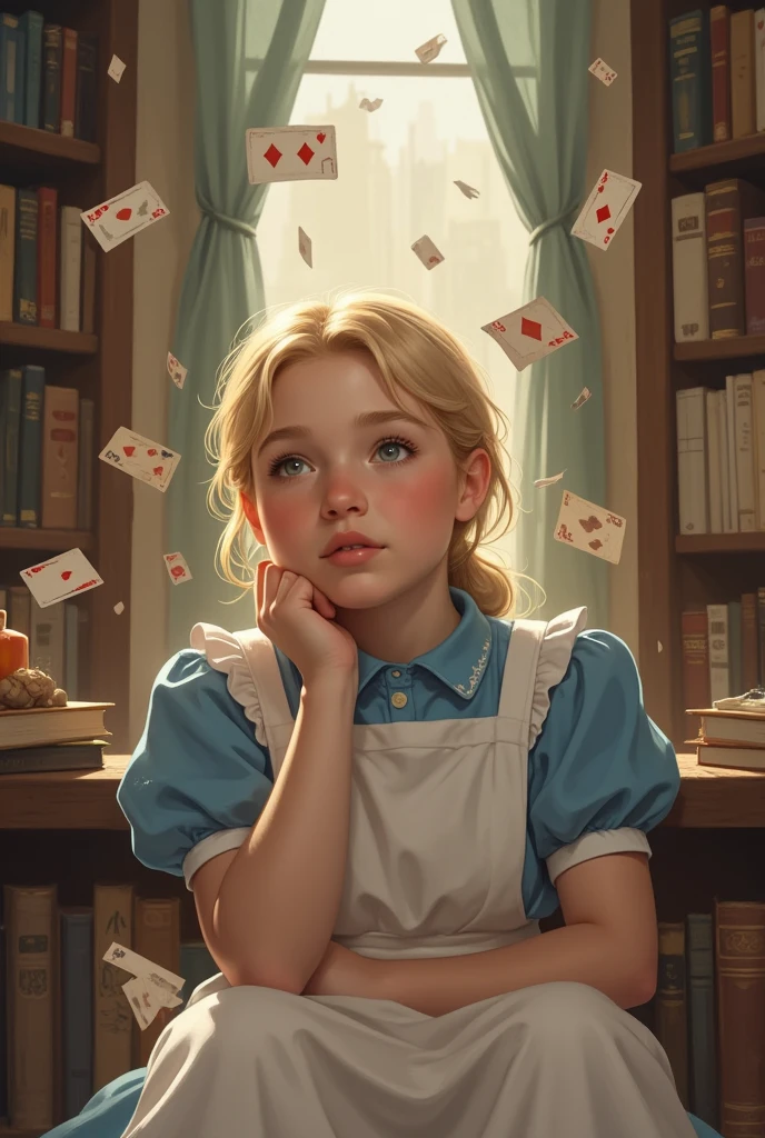 illustration"A young girl with blonde hair, dressed in a classic blue and white apron, sits in a cozy library, lost in thought. Around her, playing cards and small objects float mysteriously, as if suspended by magic. The warm light from the room highlights her delicate features, creating a soft and nostalgic atmosphere. Her expression is pensive, as though she's contemplating an adventure in a whimsical and curious world. The setting is filled with books and subtle fantastical elements, evoking a sense of wonder and quiet magic."