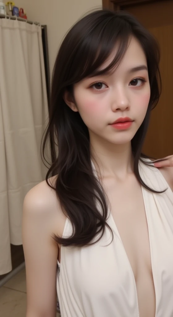 A young woman standing in what appears to be a bathroom. They are wearing a white, sleeveless dress with a plunging neckline and a high cut at the back. The individual has long dark hair that cascades over their shoulders, and they have makeup on, including red lipstick. Their pose is relaxed, with one hand gently touching their neck. In the background, there's a glimpse of a towel rack and some toiletries, suggesting a domestic setting.