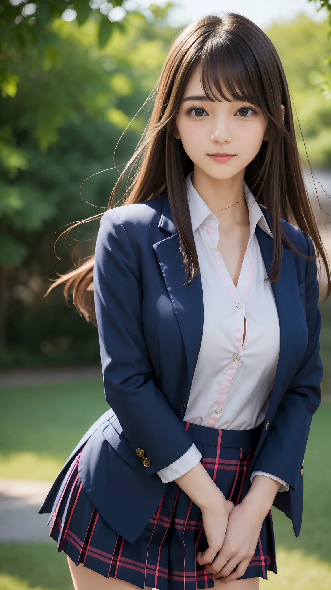 8k, Best Quality, Real photo, complicated details, very detailed , super high definition , Depth Field,(Realistic,Realistic:1.2), ((Bust Top)) , Full Body Shot , From the middle, 1 girl, eye_Chan, Very Beautiful Older Sister , innocent big eyes, ( very detailed なeyeと顔:1.2)、(Beautiful breasts:1.2)、((Brown Hair))、( semi-long hair), Asymmetrical bangs , Perfect Skin, white skin, Small breasts, Thin Waist, Alone, Gazing at the audience, (smile), ((Cross your arms in front of your chest 、behave arrogantly)), ((楽しそうなsmile)), ((Perfect hand shape)), (Wearing a navy blue blazer uniform:1.3), (Long Bob Hair:1.3), standing in the park, (The wind blows and the navy blue and pink plaid miniskirt flips up:1.2),