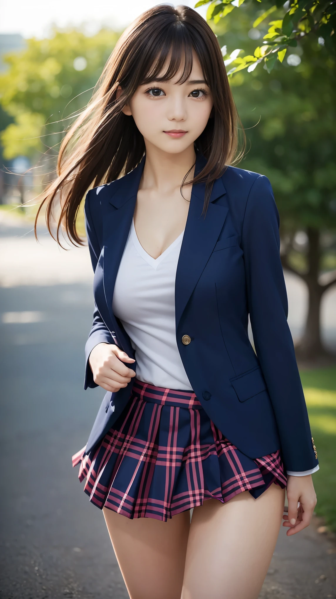 8k, Best Quality, Real photo, complicated details, very detailed , super high definition , Depth Field,(Realistic,Realistic:1.2), ((Bust Top)) , Full Body Shot , From the middle, 1 girl, eye_Chan, Very Beautiful Older Sister , innocent big eyes, ( very detailed なeyeと顔:1.2)、(Beautiful breasts:1.2)、((Brown Hair))、( semi-long hair), Asymmetrical bangs , Perfect Skin, white skin, Small breasts, Thin Waist, Alone, Gazing at the audience, (smile), ((Cross your arms in front of your chest 、behave arrogantly)), ((楽しそうなsmile)), ((Perfect hand shape)), (Wearing a navy blue blazer uniform:1.3), (Long Bob Hair:1.3), standing in the park, (The wind blows and the navy blue and pink plaid miniskirt flips up:1.2),