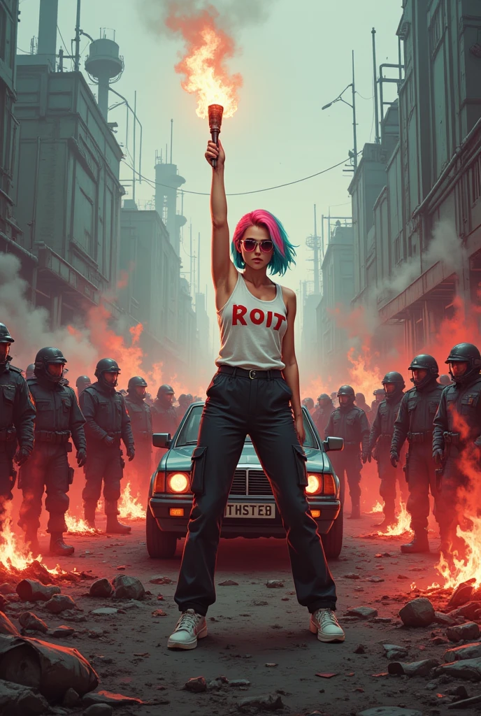 illustration, White and red contrast lighting, dynamic Low angle, Sideview, 1girl, pink and Azure bobcut hair with sidecut, reflecting rayban-sunglasses, wearing a white tank top with bold Red Text on it Reading "RIOT", Military trousers,holding a burning torch in One hand, arm with torch is raised (Standing one Foot back and one Foot in Front for Safe stand) on top of an old broken 80s Car. In Front of hundreds of policemen in riotgear, smoke and flames, civil Riots, ((cyberpunk industrial complex background))