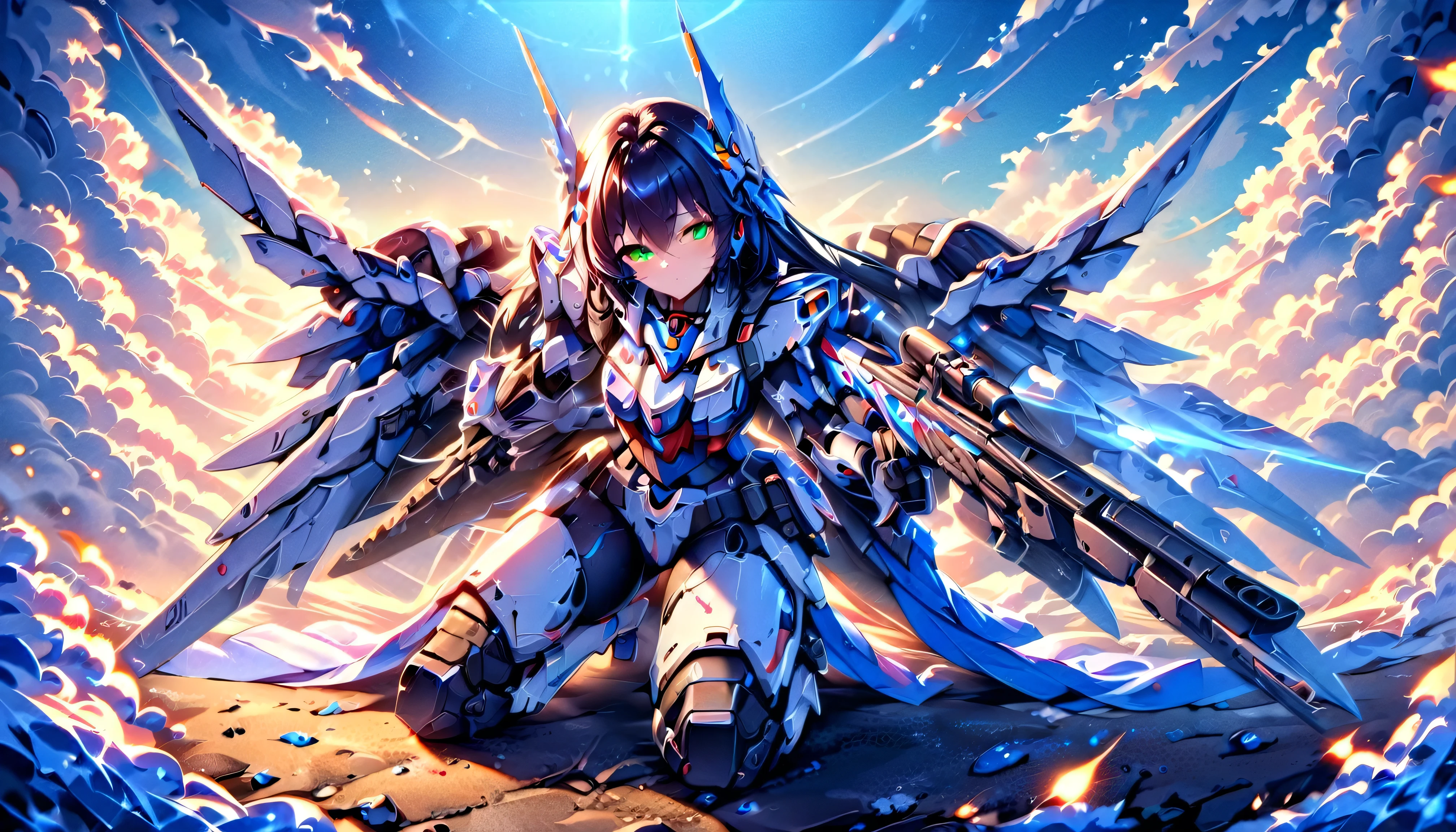 girl masterpiece, best quality, high resolution, best detailed, HDR, 4k, 8k, black hair, very long hair, detailed face, beautiful shape, anthropomorphism, mobile suit gundam, green eyes, blue and white armor, mechanical gloves, mechanical long boots, mechanical wings, holding a rifle, looking over,