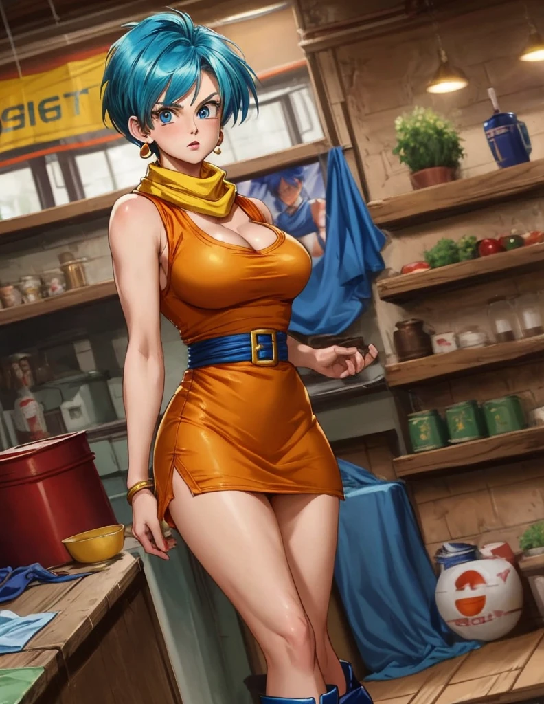 score_9, score_8_up, score_7_up, 
dragon ball bulma, solo,  blue eyes, blue hair,
bare shoulders, boots, cleavage, dress, earrings, jewelry, pantyhose, red dress, scarf, short dress, short hair, sleeveless, sleeveless dress, very short hair, yellow scarf,
indoors,
looking at viewer, dutch angle, cowboy shot,