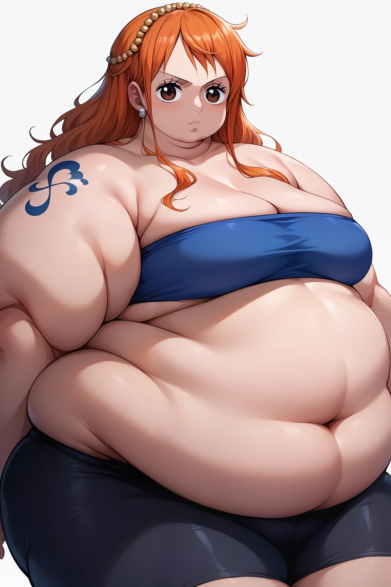 score_9, score_8_up, score_7_up, score_6_up, source_anime BREAK 1girl, solo,  defrka, aanami, long hair, orange hair, hair ornament, earrings, brown eyes, shoulder tattoo, Shinjuku, blue tube top, black bike shorts, looking at you, fat, chubby, obese, gigantic arms and legs 