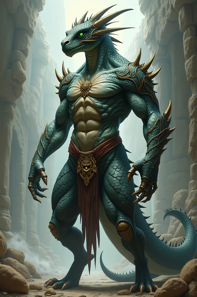 Lizardfolk, Blue tongued skink , athletic, cream color body, detailed scales, gray belly, neon blue tongue, red fins from the back, big tail, loincloth, mettalic gauntlet on one hand, comicbook style, best quality, 4k, ultra-detailed, by laobai, by taran fiddler, by honovy