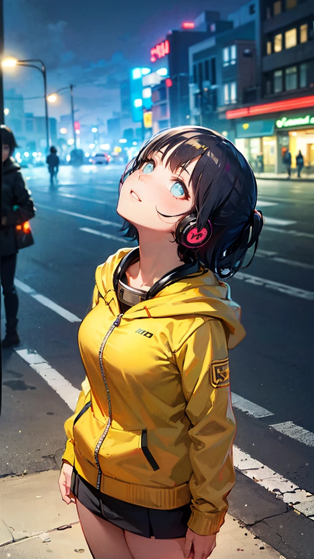 (masterpiece,  best quality ,   best quality  ,   very detailed,   Best Details , Official Art,   Knight 、 Neon Street、   cinematic composition   ,     beautiful and aesthetic  :1.2), colorful, (A sophisticated eye:1.1), Beautiful Face, Wear a stylish hoodie、  perfect body,   1 girl , Alone, Knightシティ, Urban city, Main Street, yellow based outfit 、 | Yellow bomber jacket, (  neon light:1.1), Large Breasts, star, (  headphones:1.1), (  Cyberpunk:1.1), (SF:1.1), (  looking up with the naked eye  :1.2), (public:1.2)