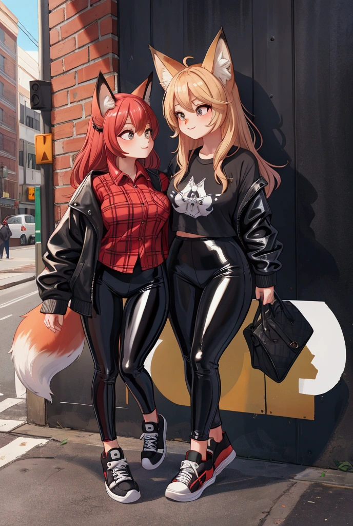 Fox in Plaid Shirt, Latex Leggings and Black Sneakers 