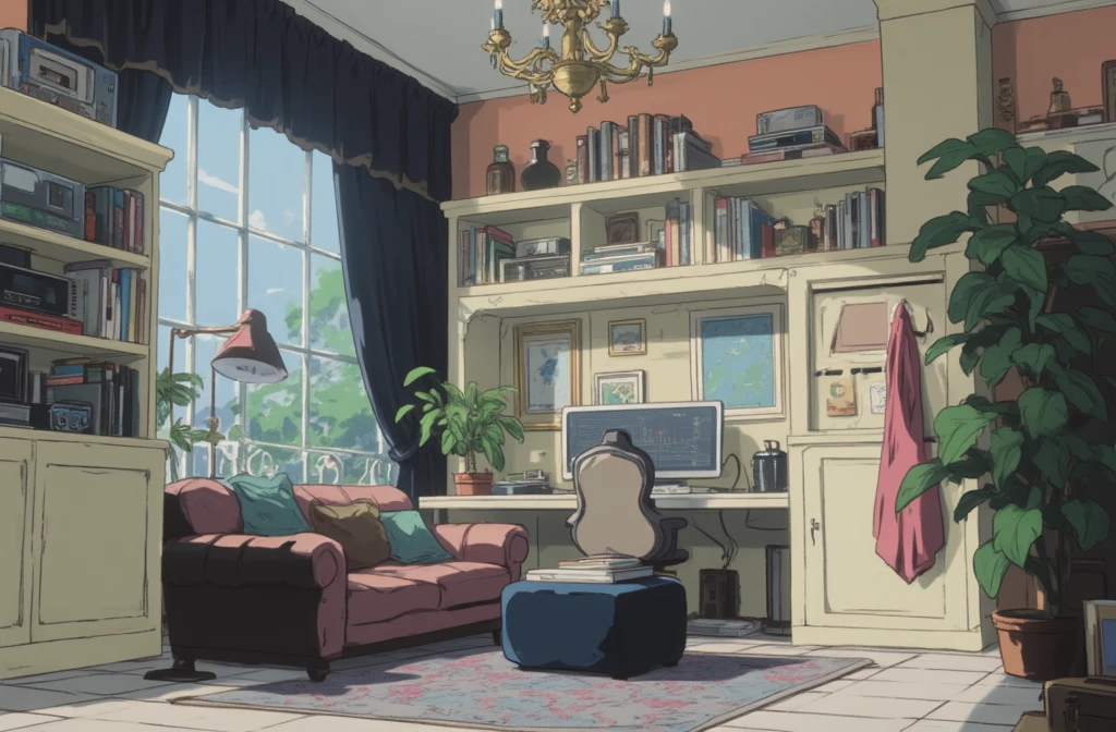 1990s retro anime illustration, no body, RichStudio room