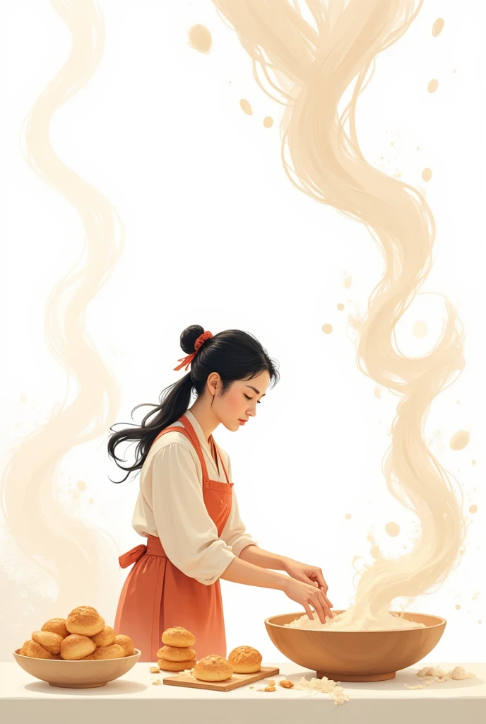 illustration, chinese woman preparing pastries surrounded by swirling swirls of flour and steam, whimsical style, intricate background details, white background color, organic flowing shapes, flat design and filled images Ancient Chinese rice paper scroll, ancient Chinese minimalist painting, empty view, yarn material, ink art concept, buddhist concept, layering, soft light, depth of field, blurred background, blurred edges, ink illustration, dun huang color system